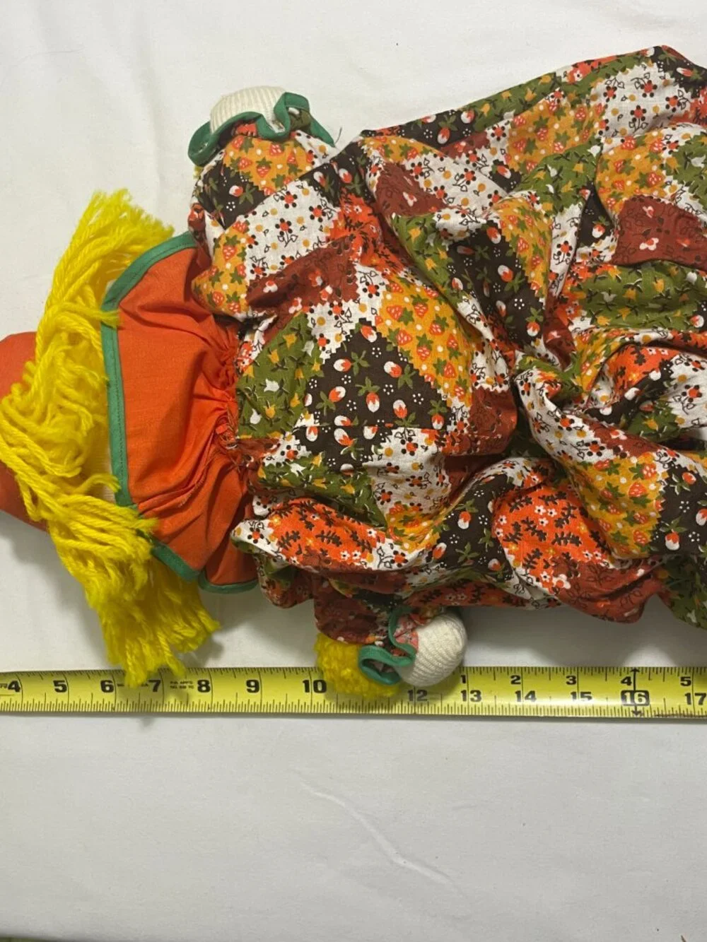 Vintage Handmade Rag Doll Clown Plush Stuffed Toy Yellow Yarn Hair Patchwork 20